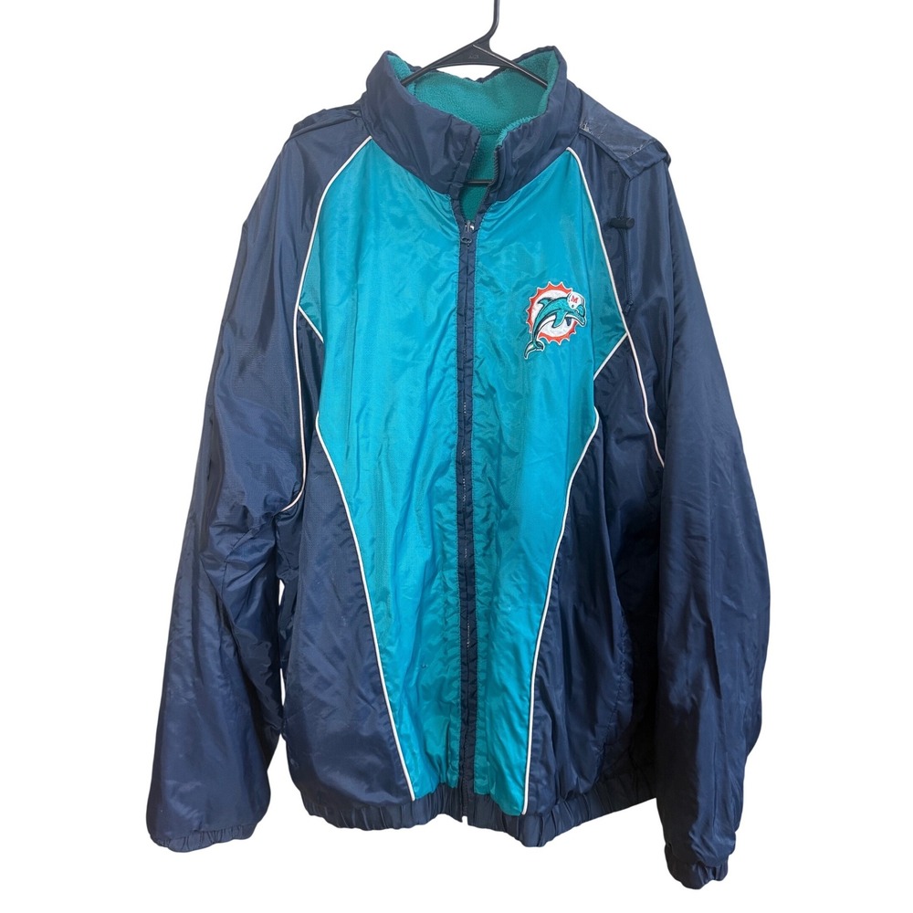 Vintage 1990s Miami Dolphins Reversible Jacket Navy Aqua Nylon Fleece Mens XL